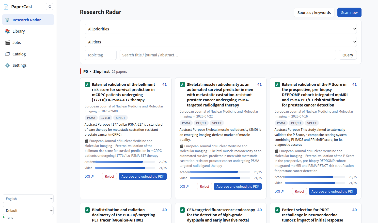 PaperCast Research Radar: P0 candidate papers with dual-axis academic and video scores, each with approve and reject actions