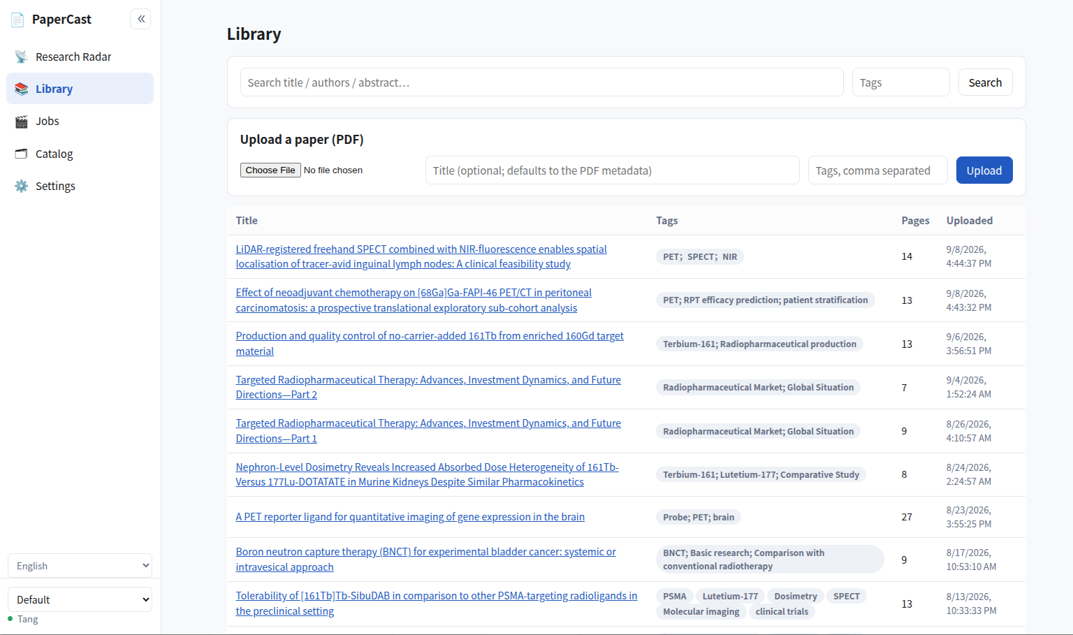 PaperCast Library: a searchable table of uploaded papers with tags, page counts and upload dates