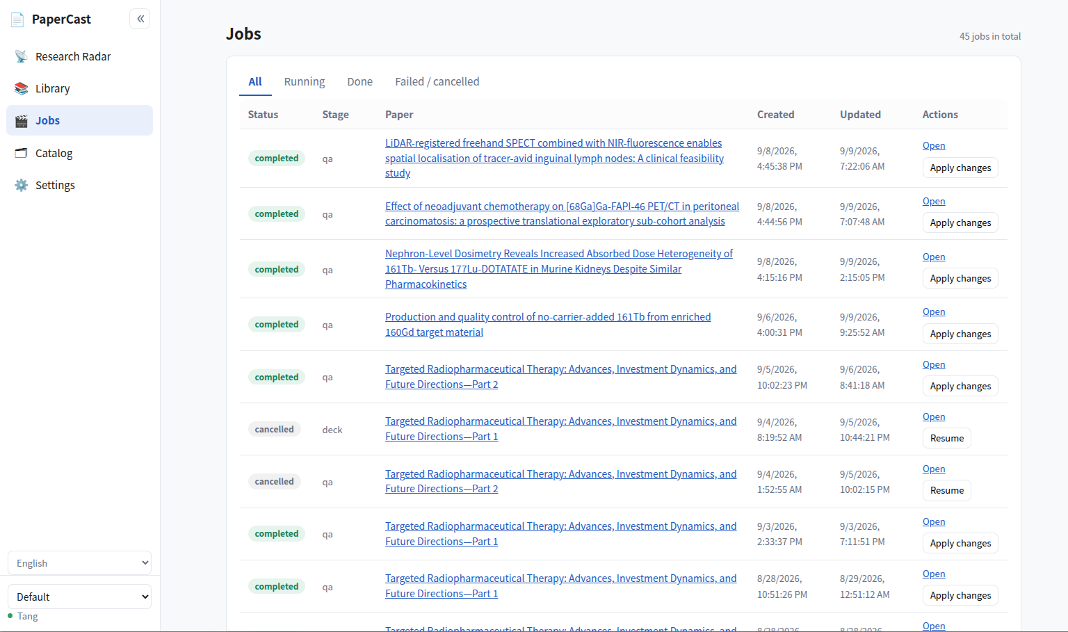 PaperCast job list: 45 jobs with status, stage, paper title, timestamps and resume or apply-changes actions