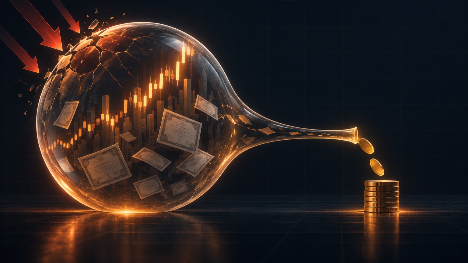 A fragile glowing asset bubble full of rising charts and paper certificates narrowing into only a few spendable coins